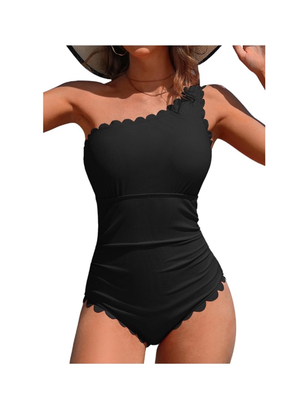 New Women Large Charmo One Shoulder One Piece Swimsuit Ribbed Scalloped Bathing